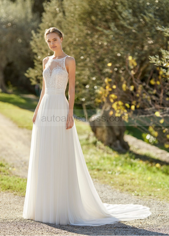 Bateau Neck Ivory Lace Tulle Open Back Wedding Dress